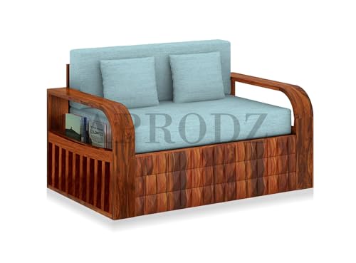 Image of APRODZ Solid Sheesham Wood Sofa Cum Bed 2 Seater Velevt Fabric with Cushions Perfect Sofa Furniture for Home Living Office Room and Guests (Honey Finish 75x51x30-Inch)