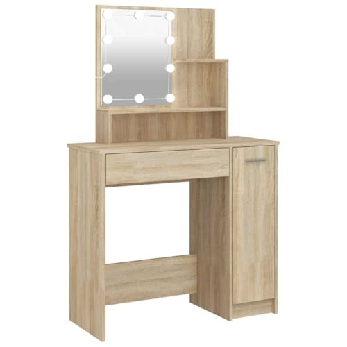 vidaXL Tocador con LED Mesa de Maquillaje Muebles con Espejo Cosmética Dormitorio Vestidor Iluminación Almacenaje Color Roble Sonoma 86,5x35x136 cm