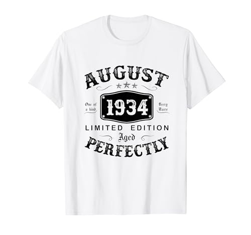 Vintage Regalo 90 Años Cumpleaños Hombre Agosto 1934 Camiseta