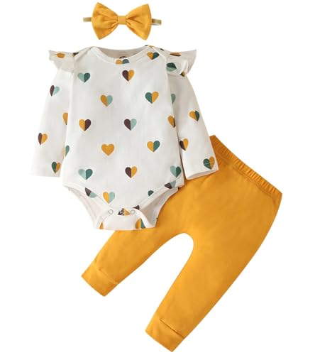 Image of Fullfamous Newborn Baby Girl Clothes Gifts Outfits,Fall Winter Long Sleeve Romper and Pant Set Yellow Heart 0-3 months