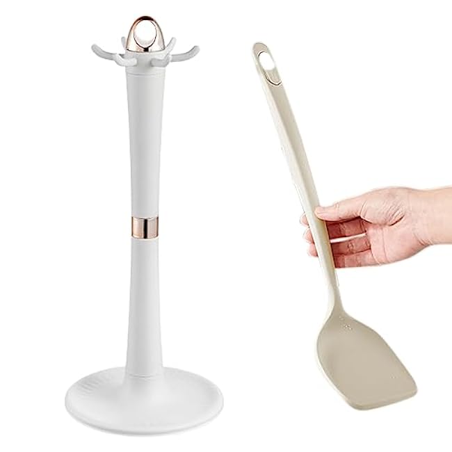 Rotating Utensil Holder, Kitchenware Tableware Storage Utensil Rack, Rotatable Cooking Utensils Stand for Spoon, Spatula, Soup Ladle, Spaghetti Server (Beige)
