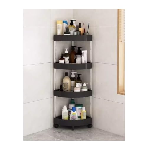 AMULONG Estantería de Esquina, Estudio, Estante Esquinero De Plástico Acero Inoxidable con Ruedas, Almacenamiento, Estantes Esquineros para Sala Estar, Baño Y Cocina Rústico Balda(4 Tier)