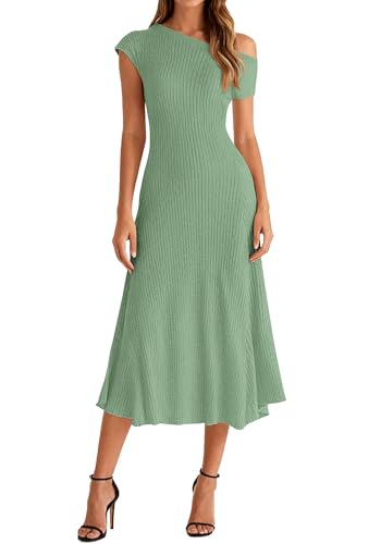 BTFBM Womens Spring Dresses 2026 Asymmetrical Neck Short Sleeve Pleated Swing Knit Midi Dress Business Casual(Sage Green, Large)