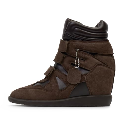 Image of Dsevht Hidden Wedge Sneakers for Women High Top Fashion Sneaker Suede High Heel Platform Tennis Triple Strappy Band Casual Vintage Dressy Comfy Campus Trendy Retro Sneaker
