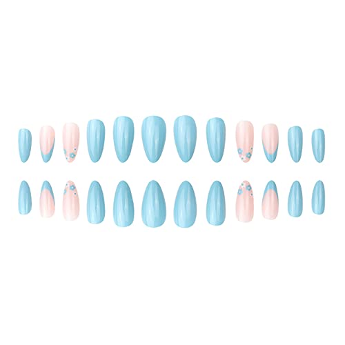 French Tip Press On Nails Almond Shape Fake Nails Medium Length False Nails Blue Flower Acrylic Nails With Designs Full Cover Artificial Nails Glossy Stick On Nails For Women And Girls Nail Decoration #TOP1
