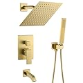 POP SANITARYWARE Brushed Gold Shower System Bathroom Shower Faucet Set with Tub Spout Wall Mounted 8 Inch Shower Head and Handle Set with Handheld 3 Function Tub and Shower Trim Kit with Valve