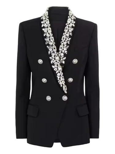 Women's Elegant Blazers Solid Spliced Diamonds V Neck Long Sleeve Double Button Casual Blazer Office Ladies Jacket3