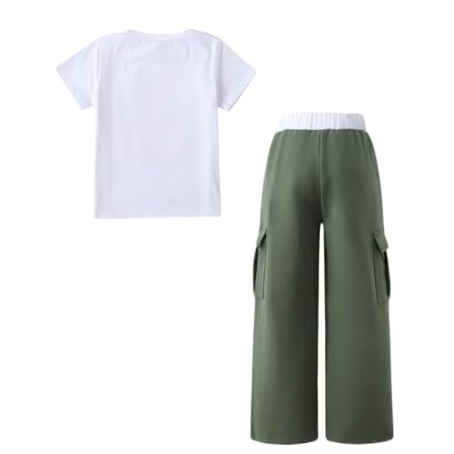 Image of Ayzozuy Kid Girl Clothes Outfits Figure Letter Graphic Tee Top + Flap Pocket Pants 2PC Clothing Set