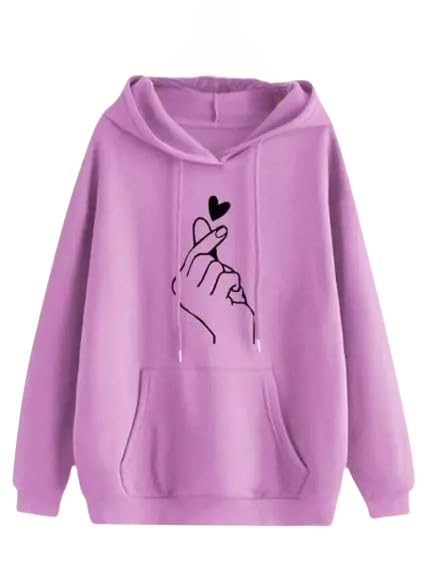 Trendy Lavender Hoodie for Women with Korean Finger Heart Print | Oversized Pullover Sweatshirt with Front Pocket & Drawstring Hood | Casual Winter Wear-image-17