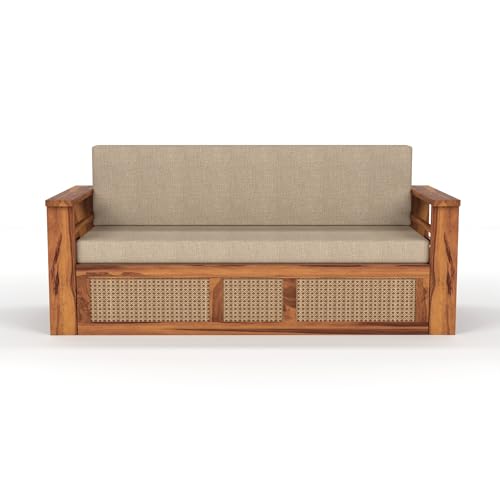 Image of Mamta Furniture Sheesham Wood Sofa Cum Bed with Storage Rattan Cane Design Wooden Sofa Set for Living Room Bedroom 3 Seater Convertible Sofa Bed in Honey Finish