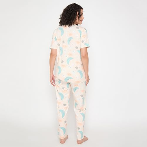 Image of CAMEY Women's Printed Pyjama Set, Short Sleeve T-Shirt and Trousers, Women Nightsuit, Loungewear Sets