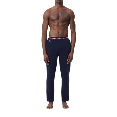 Lacoste Men's Cotton Stretch Tricolor Waistband Pajama Pants, Navy Blue, X-Large