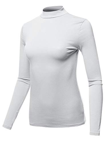 Basic Solid Soft Cotton Long Sleeve Mock Neck Top Shirts Junior Fit White M
