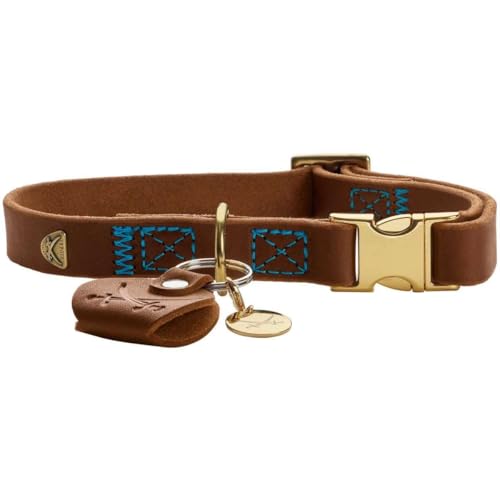 HUNTER Hundehalsung Sansibar Farbe: Cognac, edles Rindsleder, Maritime Details, Blaue Ziernähte, messingfarbene Beschläge, stufenlos verstellbar, stylisch & robust, Made in Germany, Größe: L
