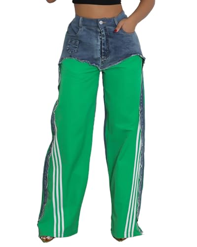 Women's Jeans with Striped Patchwork Color Block High Waisted Drawstring Elastic Hem Wide Leg Denim Pants2