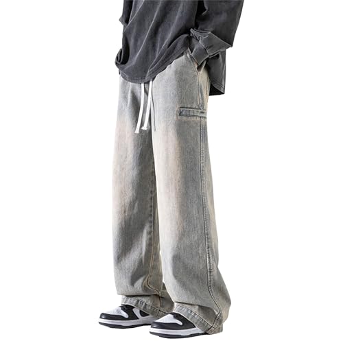 Stretch Layered Jeans Men's Slim Straight Leg Overalls Casual Straight Leg Hip Hop Pants with Pockets