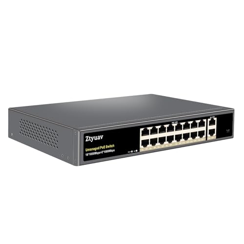 Image of 18-Port Full Gigabit Unmanaged PoE Switch with 16 PoE+ Ports @250W, 2 Uplink Ports-IEEE802.3af /at Compliant, 6KV Lighting Protection, VLAN Mode, Fanless & Metal Plug & Play