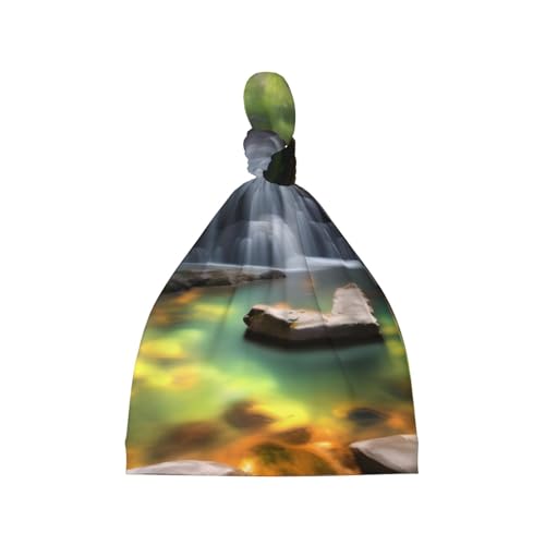 Newborn Baby Hat, Waterfall Views Print Soft Top Knot Beanie Cap, Cute Baby Headwear for 0-6 Months Black