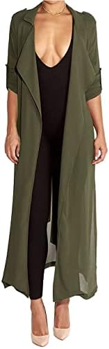 Begonia.K Women's Long Sleeve Chiffon Lightweight Maxi Sheer Duster Cardigan (Army Green, X-Large)