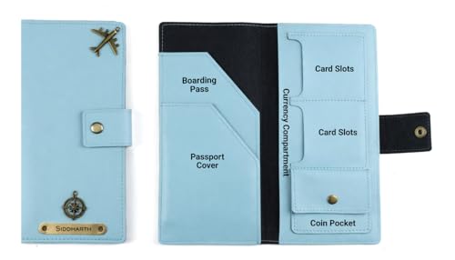 Image of AICA Personalized Name & Charm Long Leather Wallet Passport Cover (Babyblue) with Passport, Boarding Pass, Currency, Card Slot & Coin Holder for Men & Women| Gifts for Woman| Gift for Man|Diwali Gifts