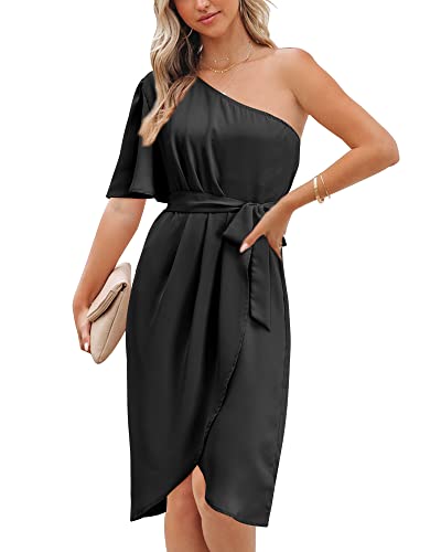 Votepretty Women's One Shoulder Cocktail Dress Ruched Bodycon Belted Short Sleeve Wedding Guest Dresses 2023 (Black,L) #TOP7