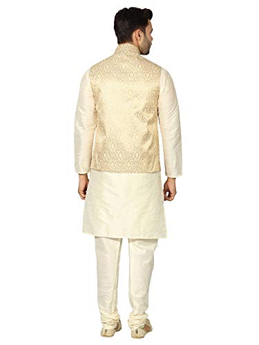 Image of Uri and MacKenzie Men's Silk Blend Regular Kurta Churidar Pyjama with Bundi Nehru Jacket /Waistcoat