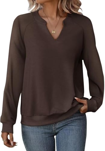 Cuptacc Pull Femme Hiver Chemise Femme Col en V Haut Chic Et Elegant Chemisier Manches Longues Sweat Café Grand L 42-44