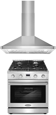 Cosmo 2-Pc Kitchen Appliance Packages, 30" Freestanding Gas Range and 30" Wall Mount Range Hood