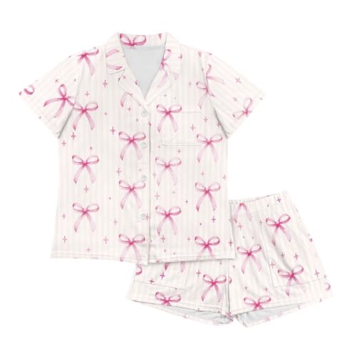 Image of Renewold Button Down Womens Pajama Set Short Sleeve Loungewear Bow Nightwear Sleepwear Night Suit Tops Shorts 2 Pieces
