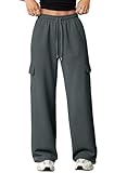 Aleumdr Womens Wide Leg Cargo Pants High Waisted Sweatpants with Pockets Drawstring Long Pants Airport Travel Pants Dark Grey Medium