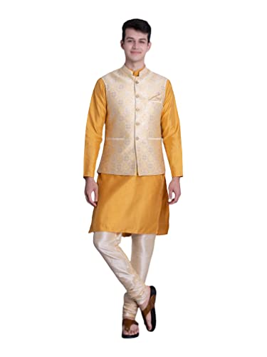 Image of Uri and MacKenzie Men's Silk Blend Regular Kurta Churidar Pyjama with Bundi Nehru Jacket /Waistcoat
