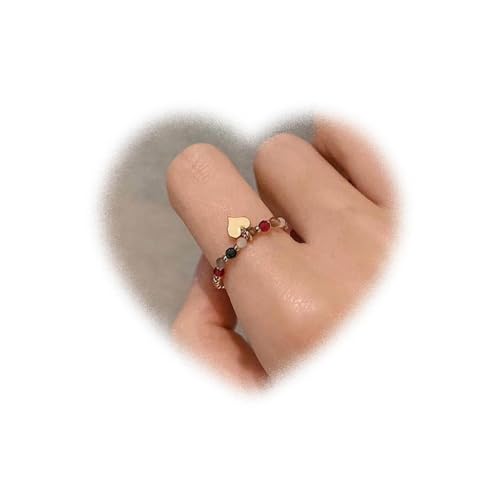 Boho Liebesherz Kristallperlen Stretch Ring - Edelstein Perlen elastischer Fingerring Regenbogen Perlen handgefertigter Stapelring Schmuck für Frauen (Stil B)