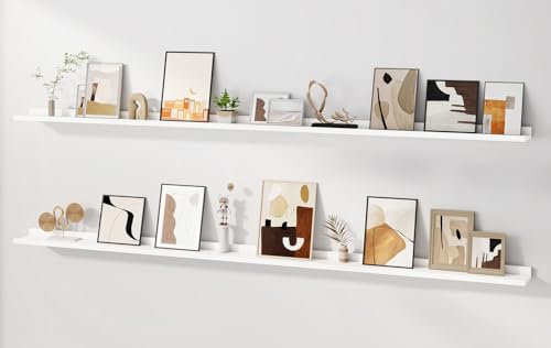 Floating Picture Ledge Shelves for Wall Set of 2, 84 Inches Picture Ledge Shelf with Long Large Nursery Book Shelf for Toys Storage Kids Bookshelf Wall Mounted Living Room Bedroom Decor Frames, White