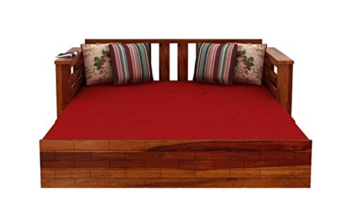 Image of Douceur Furnitures Sheesham Solid Wood Semi-Upholostered Sofa Cum Bed Set with Storage with Cushions for Home /Office & Living Room|Finish- Honey|3-Person Sofa