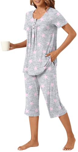 Image of Womens Summer Pajama Sets 2 Piece Short Sleeve Top and Capri Pants Plus Size Ladies Lounge Pjs Sets with Pockets