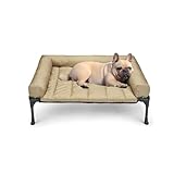 Veehoo犬 ベッドペットベッド小中型犬 ベッド高架犬用ベッドドッグコット + 防水取り外し可能ピロートップマット、ボルスター犬用簡易ベッド、通気性メッシュ付き隆起ペットコット、滑り止め足、屋内屋外用犬用ソファベッド犬 コット-81*64 cm ベージュ