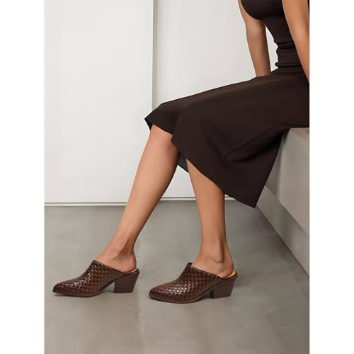 Women’s Pumps Closed Pointed Toe Block Heel Mule Woven Leather Chunky Stacked Heeled Slip On Slippers Casual Comfortable Shoes4