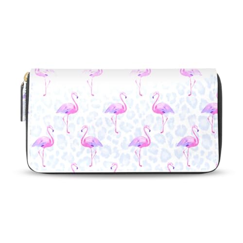 Long Wallets Leather Bifold Wallet for Women Pink Flamingo Leopard with Zipper Credit Card Holder Large Capacity