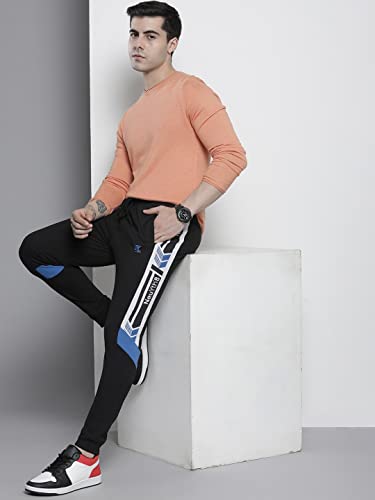 Image of The Indian Garage Co Men Slim Fit Placement Print Mid-Rise Knitted Joggers