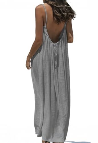 Womens Solid Color Backless Cami Dress D.Yi Summer Casual Sleeveless Dresses for Beach 2025 Vacation Tshirt Spaghetti Strap Loose Fit Sundress Womens Plain Dress Summer Clothes