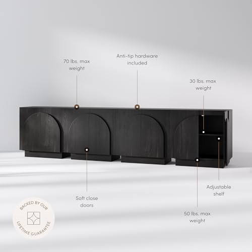 Image of Nathan James Iris Mid-Century Modern Buffet Sideboard Credenza TV Stand, Wood Storage Cabinet with Arched Doors for Kitchen or Living Room, Black Oak, Set of 4