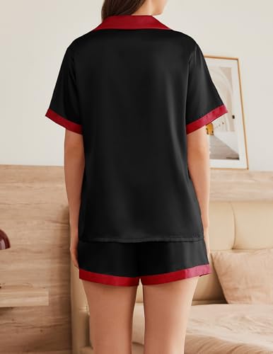 Image of Ekouaer Womens Silk Satin Pajama Set Short Sleeve PJs 2 Piece Button Down Top and Shorts Notch Collar Sleepwear Sets Soft Pjs