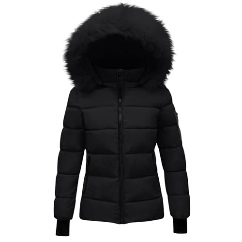 KHIRVWL Doudoune Femme Hiver Chaude- Manteau Matelassée à Capuche Amovible En Peluche- Veste Légère Avec Poches Et Zippé- Blouson Slim Fit Col Montant- Manteaux Mi Saison Puffer Jacket Manches