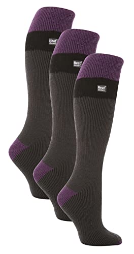 HEAT HOLDERS 3 Pair Multipack Womens Thermal Warm Knee High Ski Socks (5-9, Charcoal/Purple)