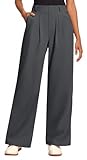 Oyamiki Women's Trousers Fashion Wide Leg Work Pants Front Pleated Business Casual High Waist Stretch Waffle Knit Pants Dark Grey XL