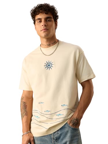 T-shirt ocean oversize homme en coton crème brodé The Souled Store