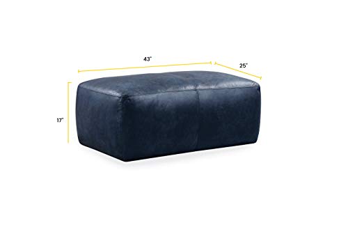 Image of POLY & BARK Denver Ottoman - 43 inch Large Pouf with Feather-Down Topper - Full-Grain Leather Upholstered Pouf Ottoman for Living Room - Vintage Italian Leather in Midnight Blue