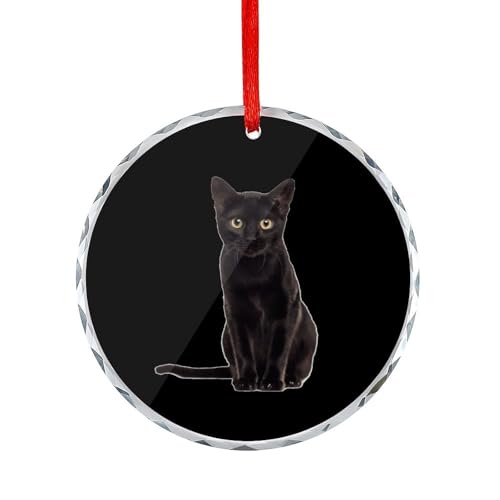 Image of Black Cat Christmas Tree Ornaments Glass Round Pendant Hanging Crystal Clear Xmas Decorations