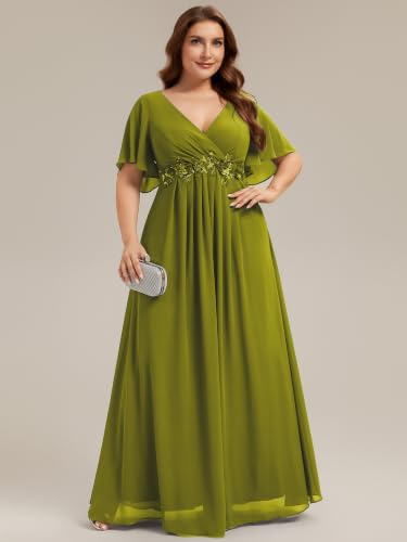 Image of Ever-Pretty Plus Women's Chiffon Plus Size Formal Mother of Bride Dresses | V-Neck, Short Sleeve, Applique, A-Line, Empire Waist, Plus Size Formal Wedding Guest Evening Dresses