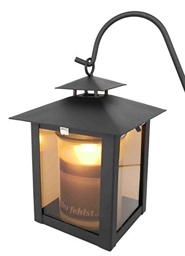 Lanterne funéraire idéale pour funéraire en acier noir mat avec vitre en verre véritable avec 3 piquet et lumière LED 18 cm Cover